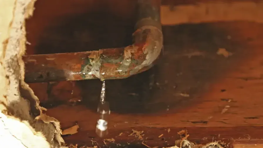 A copper pipe dripping inside an opened wall cavity