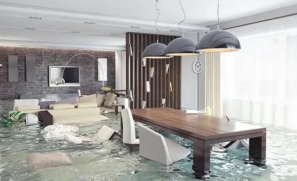 Floodwater standing across a living and dining room after a heavy storm